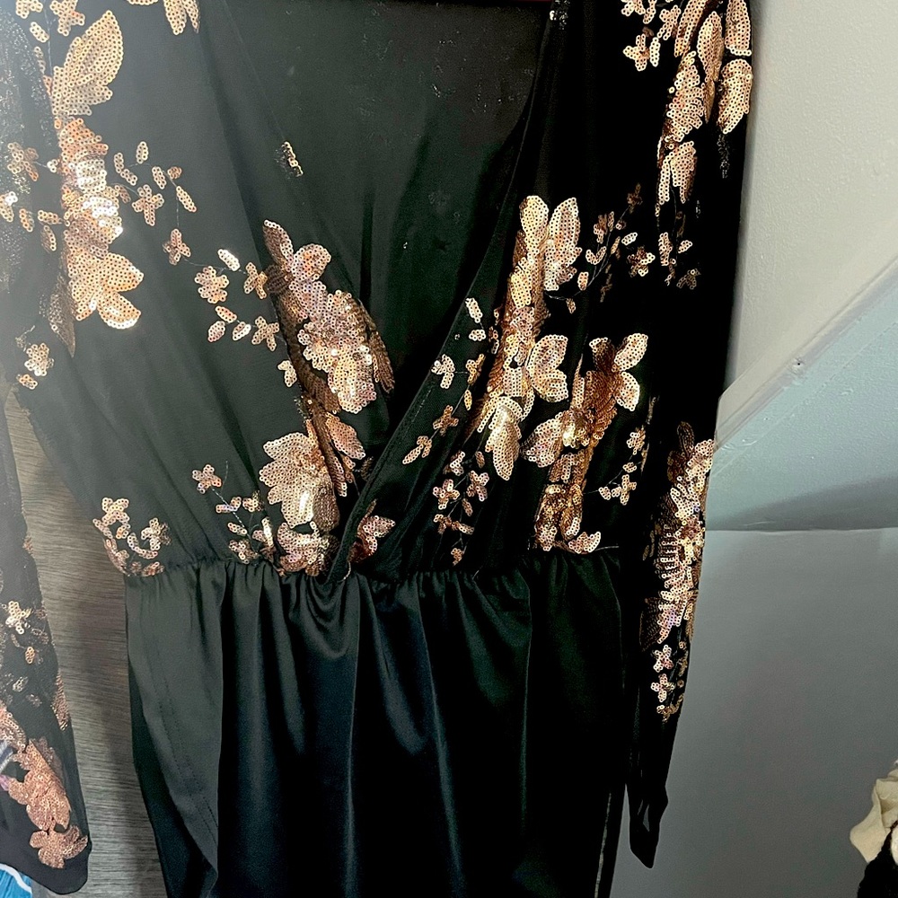 Black and gold lace sleeves . Beautiful dress for any event .